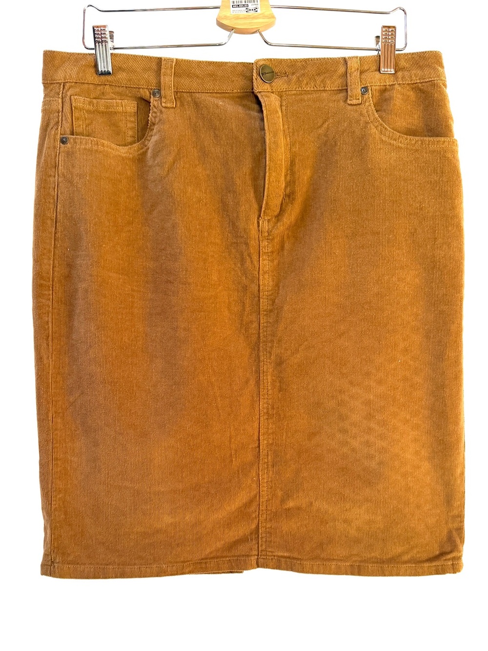 Classic Tan Corduroy Straight Skirt with Pockets, Size 14